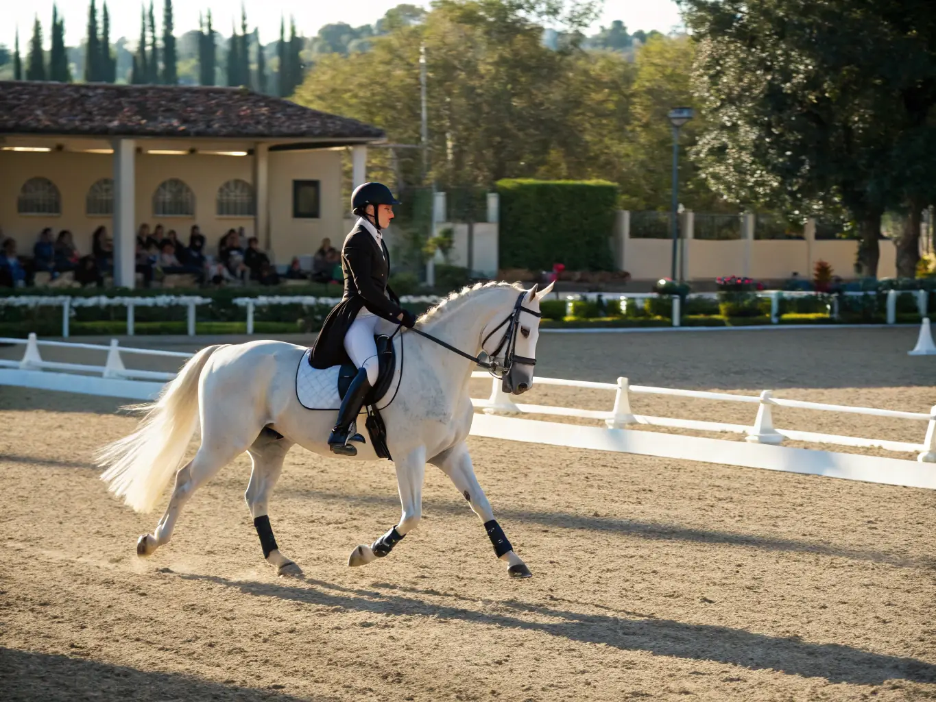 A skilled equestrian performing dressage movements with their horse in a beautifully maintained arena, demonstrating the elegance and precision of EC-CEI's dressage training program.