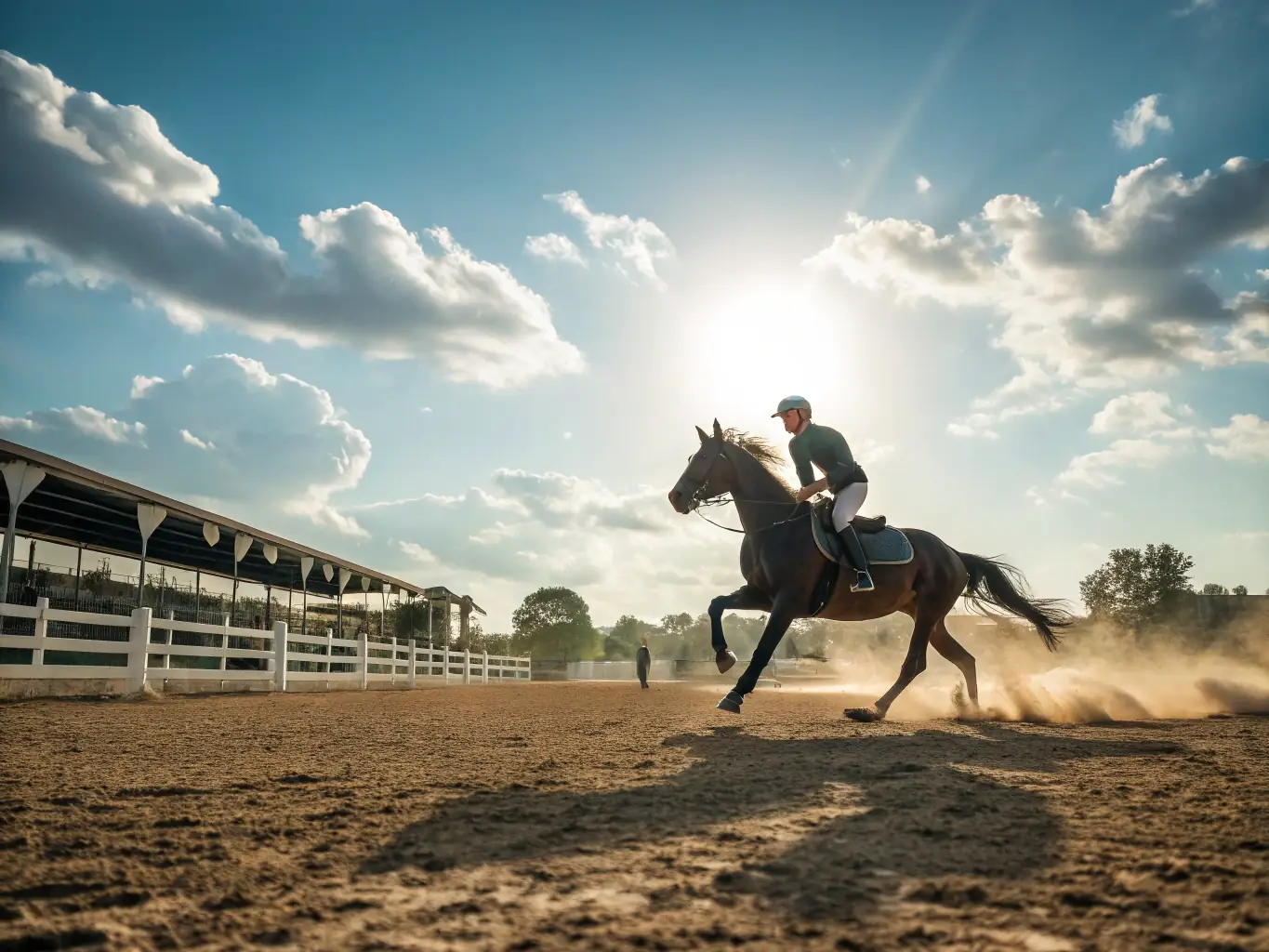 A vibrant scene of an equestrian sports event at EC-CEI, with riders competing and spectators cheering, capturing the excitement and community spirit.