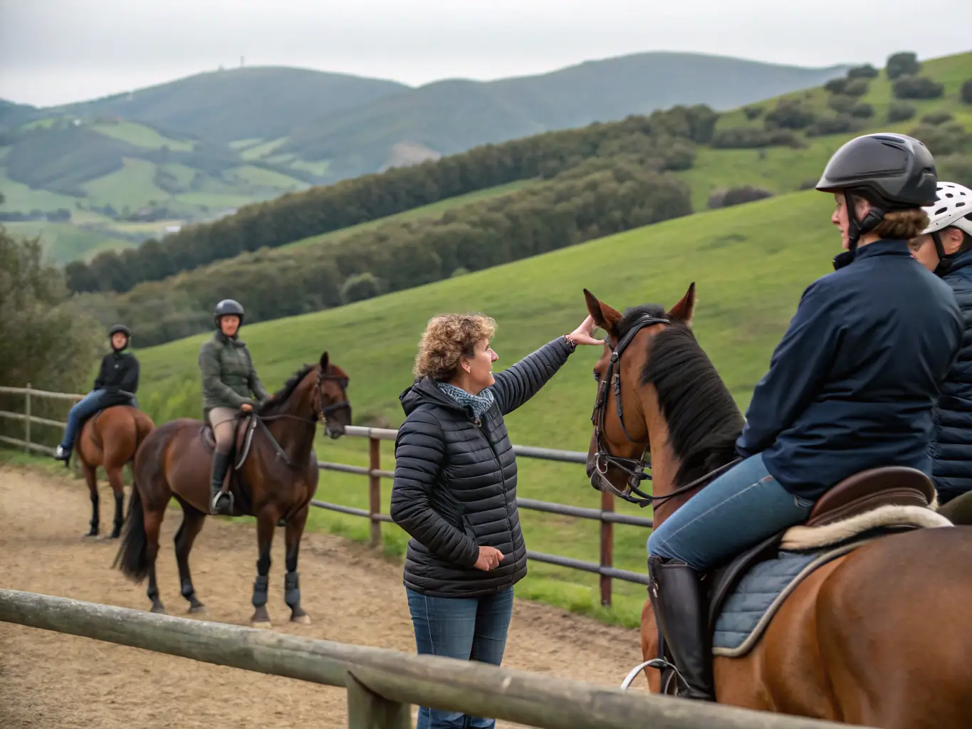 A group of beginner riders learning basic horsemanship skills in a safe and controlled environment, guided by experienced instructors at the EC-CEI equestrian center.