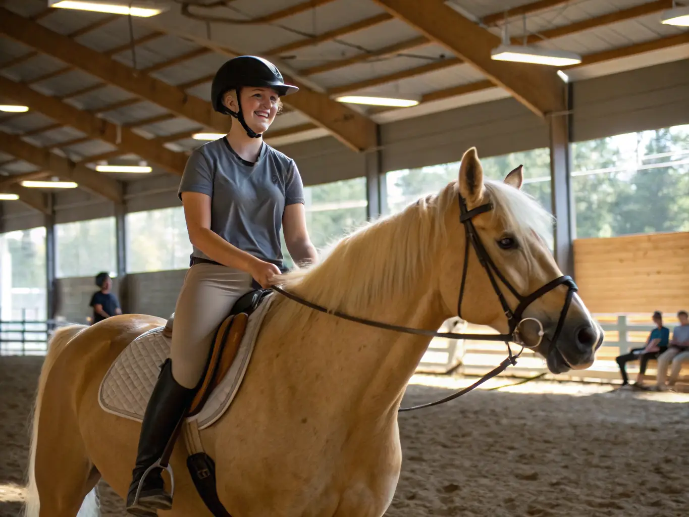 A scenic view of a beginner's riding lesson at EC-CEI, featuring a calm horse, an instructor guiding a young rider, and a safe, enclosed riding area.