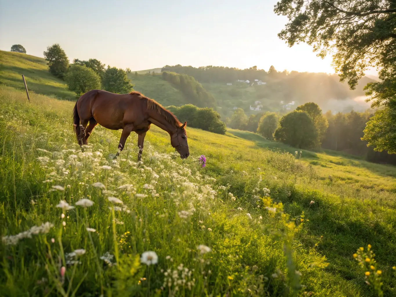A horse peacefully grazing in a green pasture, representing the center's commitment to animal welfare.